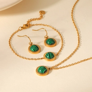 French vintage malachite jewelry set with gold stainless steel necklace, bracelet and earrings