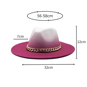 Detailed size chart of gradient wool fedora hat with gold chain, 56-58cm head circumference