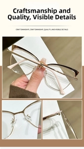 Detail of gold metal cat-eye frame with silicone nose pads and durable hinges
