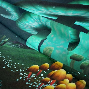 Close-up of bohemian mushroom tapestry showing fiber texture and digital print detail