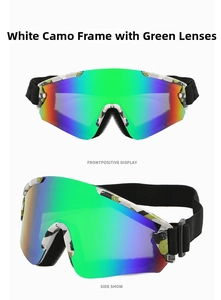 Detail of white camo ski goggles with green Revo lens and adjustable elastic head strap