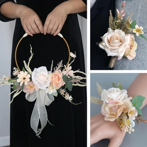 Wedding floral set including bridal hoop bouquet, groom boutonniere and wrist corsage