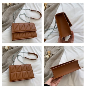 Detailed views of a brown quilted crossbody bag with geometric stitching and chain strap