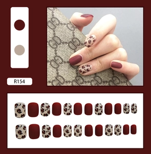 Short square matte wine red and leopard print press-on nails set with 24 pieces