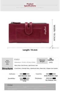 Detailed interior view of wine red PU leather long wallet with 9 card slots and 2 zipper pockets