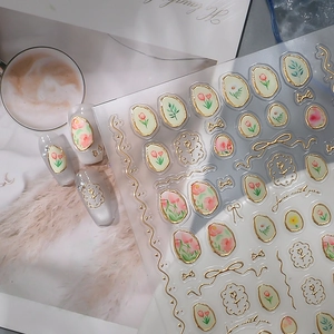 Golden tulip jelly nail stickers with bronze wire design and floral patterns for manicure