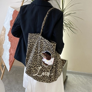 Leopard Print Canvas Tote Bag Vintage Dog Embroidery Large Capacity Urban Simple Casual Shoulder Handbag