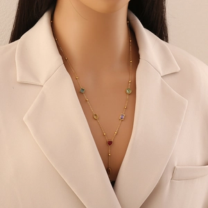 Colorful glass double-layer Y-shaped necklace with heart and geometric pendants