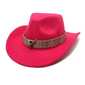 Detail eines rosenroten Woll-Cowboyhuts mit geflochtenem Band und Metall-Stierkopf