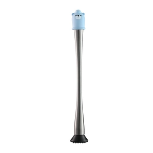 Cocktail muddler with blue bear silicone handle and metal rod on white background
