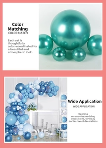 Detail of metallic blue balloon arch kit with sequins for birthday party decorations