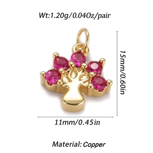 Detailed view of 18K gold plated tree of life pendant with pink zircon stones and size specs