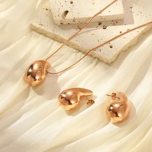 Hollow Stainless Steel Teardrop Necklace And Earrings Waterdrop Bean Pendant Snake Chain Minimalist Polished For Women