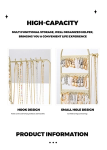 Macro view of high-capacity metal jewelry rack showing necklace hooks and earring holes
