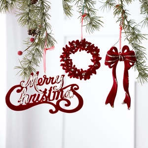 Christmas Ornaments Red Flocked Velvet Hanging Decoration Tree Garland Glitter Bow Deer Snowflake Candy Cane