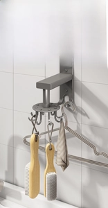 Wall-mounted rotating hook rack with grey metal finish for kitchen and bathroom storage