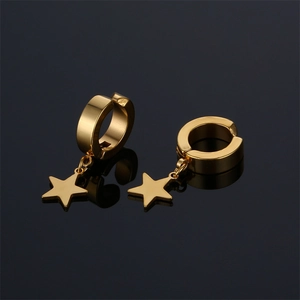 Pair of gold stainless steel star drop earrings with circular clasp on reflective base