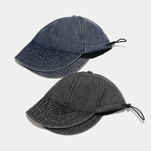 Retro washed denim baseball caps in blue and smoke grey with elastic drawstring toggle