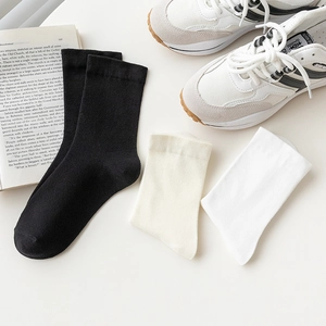 Women Cotton Crew Socks Solid Color Mid-Calf Casual Ribbed Cuff Breathable Soft Daily Socks For Lady