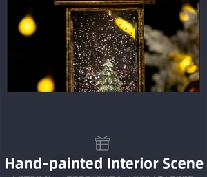 Detail of hand-painted Christmas tree landscape inside a vintage gold snow globe lantern