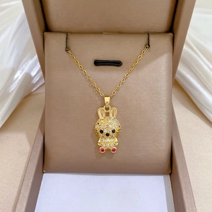 Cute Bunny Rabbit Pendant Necklace Sparkly Rhinestone Copper Animal Jewelry Elegant Titanium Steel Chain For Women Girls