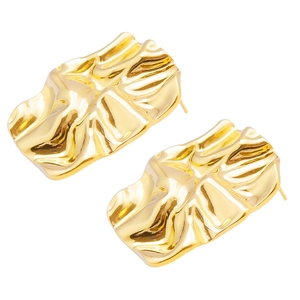 Detailed view of irregular pleated 18k gold plated stainless steel stud earrings