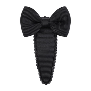 Detailed close-up of a black grosgrain ribbon bow on a water-drop style hair clip
