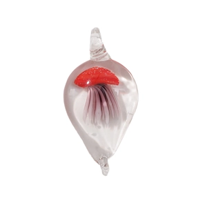 Handmade glass jellyfish pendant in clear teardrop shape with red and purple art