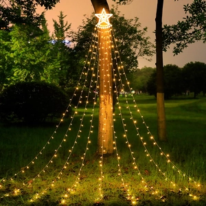 Solar warm yellow LED star waterfall lights for outdoor Christmas garden decoration