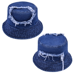 Distressed blue denim bucket hat set with ripped details and vintage frayed edges