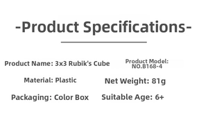 Detailed specifications of the 3x3 magic cube showing material, weight, and age 6+ info