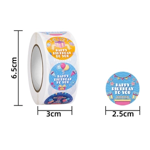 Roll of colorful Happy Birthday self-adhesive round stickers with cake and balloon designs
