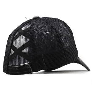 Breathable black mesh trucker hat featuring a back crisscross opening for high ponytail styles
