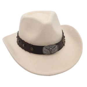 Close-up of cream felt cowboy hat featuring silver bull head buckle and studded leather band