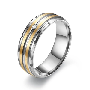 Titanium steel two-tone ring for men and women featuring a center-set sparkling cubic zirconia