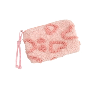 Pink leopard print plush makeup bag with soft lamb wool texture and wrist strap