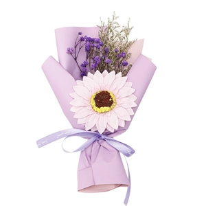 Mini soap flower bouquet with pink sunflower and purple baby's breath on white background
