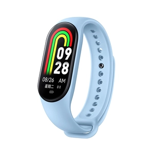 Smart fitness tracker in light blue silicone band with HD display and heart rate monitoring