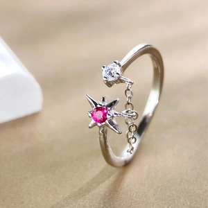 Anillo de cadena minimalista de plata de ley S925 con circón rosa en forma de estrella