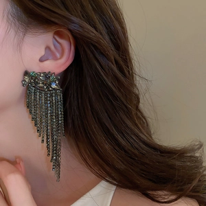 Elegant long tassel rhinestone earrings with dark grey crystals for women and girls