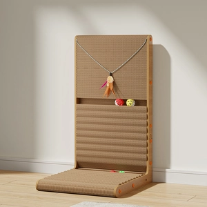 Vertical L-shaped cardboard cat scratcher with feather toy and colorful bell balls