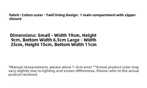 Detailed size guide and material specs for floral cotton makeup bag and travel pouch