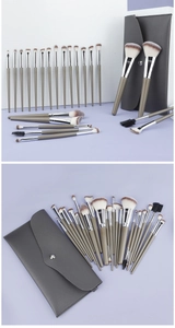 Detailed view of 23-piece makeup brush set with gray storage case and soft gradient bristles