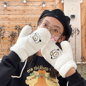 Cute white plush puppy mittens with cartoon embroidery for women winter outdoor warmth