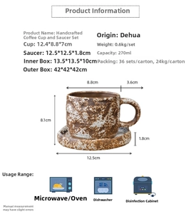 Detail view of retro ceramic coffee cup set with dimensions and 270ml capacity info