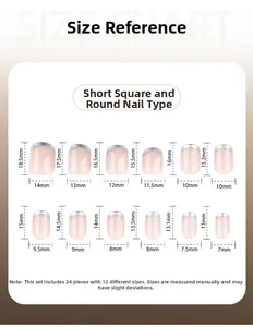 Size chart for silver French tip short square fake nails showing 12 different dimensions