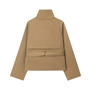 Back view of khaki short trench jacket with double-breasted belt and stand collar