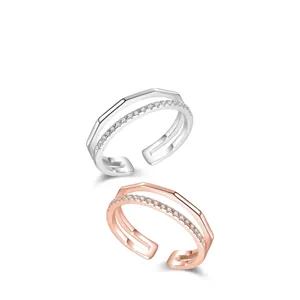 Dual layer adjustable S925 silver rings with geometric lines and sparkling zircon stones
