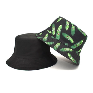 Cartoon Cucumber Print Bucket Hat Cotton Polyester Sun Protection Outdoor Casual Unisex Breathable Flat Top Wide Brim