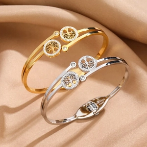 Tree Of Life Hollow Cuff Bracelet For Women Stainless Steel Zircon Inlaid Double Layer Open Bangle Jewelry